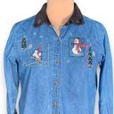 Basic Editions  Vintage Shirt Chambray Holiday Button Front Black Velvet Snowman Photo 2