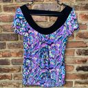 AB Studio  Purple Printed Smocked Open Keyhole Back Blouse Women's Size Small Photo 0