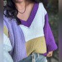 POL  Purple and White V-Neck Chunky Knit Oversized Sweater Small Photo 0