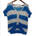 BKE  blue and tan striped sequin shirt sleeve knit sweater size M Photo 0