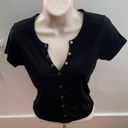 Buttons Faded Rose Black Ribbed Henley Faux Snap  Up Front V-neck Cropped Top, size L Photo 0