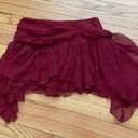 Bebe vintage y2k silk Asymmetrical Ruffle Cheerleader Layer High Low Maroon Chiffon tie belt Women's mini Skirt Size M Photo 2