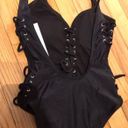 One Piece NWT Bikini  Lace Up Plunge Sides Open Low Back Bust Padded Tong V Deep Neck Backless Swimsuit Beach Summer Sexy rave goth corset cutouts sides Y2K Whimsgoth Whimsical Rave Goth Photo 4