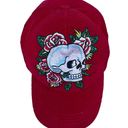 Ed Hardy Y2K Floral Skull Embroidered Red Corduroy Hat Photo 0