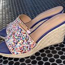 Sondra Roberts 3 inch, blue and multi colored tile heels. Photo 1