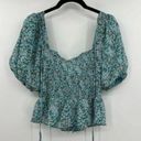 ASTR the Label Puff Sleeve Smocked Peplum Blue and Pink Floral Top Photo 3