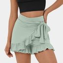 Halara  High Waisted Lace Up Ruffle Hem Flowy Casual Shorts 3.5" Green Lily Photo 0