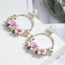 Women's Pearl Pink Crystal Flower Dangle Drop Hoop Earrings Gold Photo 1