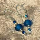 Vintage Silver & Blue Frosted Sea Glass, Iridescent Bicone Beaded Dangle Earrings Photo 1