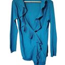 Athleta  Womens XS Turquoise Blue Cotton Cashmere Ruffled Zip Cardigan XS Photo 2