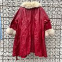 ma*rs Vint 60s 70s Red Leather & Silver Fox Fur Collar  Claus Christmas Trench Coat Photo 5