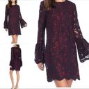 WAYF  Navy and Red Lace Overlay Sheer Bell Sleeve Tie Back Dress, EUC, Medium Photo 1