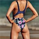 PINK - Victoria's Secret  BLUE FLORAL VELVET CUTOUT CHEEKY SWIMSUIT M Photo 1