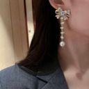 Elegant Bow Pearl Tassel Long Dangle Drop Earrings for Women Gold Photo 3