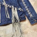 BLANK NYC  Denim Jean Faux Suede Fringe Stitch Boho Jacket Blue Beige Size XS Photo 6