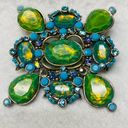 Statement Brooch Pin Greens Blues Clear Iridescent Stones Silver Tone Metal Photo 1