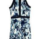 Parker  Nika Keyhole Dress Blue Floral Black Trim Sleeveless SILK Mini Fit Flare Photo 2