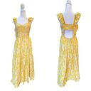 Angie  Midi Dress Cap Sleeve Tiered Skirt Yellow Floral Open Back Womens Large Photo 1