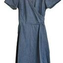 Boden USA Boden Dress Size 8 Faux Wrap Blue Denim Chambray V Neck Short Sleeve Womens Lara Photo 0