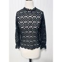 None Boho Open Knit Crochet Floral Lace Top Long Sleeves High Neck Black Size Large Photo 4