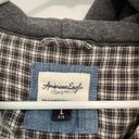 American Eagle  Cropped Hooded Flannel Shirt Gray White Plaid Crop Button Down L Photo 3