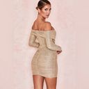 House Of CB NWT  Felicity Gold Ruched Mesh Off Shoulder Dress Photo 2