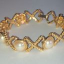 Vintage Gold Tone & Faux Pearl X Link Chunky Retro Bracelet Photo 6