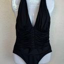 Bleu Rod Beattie  One-Piece Halter Swimsuit Deep V Ruched Slimming Black SZ 14 Photo 0