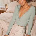 Lulus A Little Flirty Sage Green Ribbed Lace Long Sleeve Crop Top Photo 0