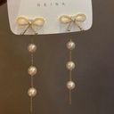 Elegant Bow White Pearl Dangle Drop Earrings for Women Gold Photo 1