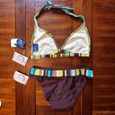 NWT Y2K Retro Buzois Brown White Blue Striped Halter Top Bikini Set Size Large Photo 6