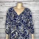 Fashion Bug  NWT Size 3X Blue & White Printed V-Neckline Ruched Sleeve Blouse Top Photo 1