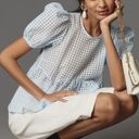 Maeve  Anthropologie Light Blue Checkered Puff Sleeve Sheer Top Small Photo 0