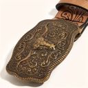 Western Style Bull Head Buckle Unisex Belt Vintage Embossed Brown Photo 5