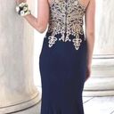 XScape Navy Blue And Gold Prom Dress Photo 4