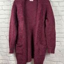 Pink Lily  Cardigan Sweater Soft Fuzzy Eyelash Knit Front Pockets Burgundy M Photo 0