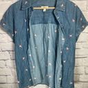 Style & Co  Denim Shirt Sz L Button Down Slits Embroidered Mushrooms Novelty Fun‎ Photo 5