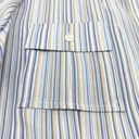 Arden B  Womens L Split Neck Blue Stripe Button Up Blouse Career Blue Tan White Photo 7