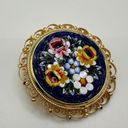 Vintage Micromosaic Brooch Blue Floral Gold Filigree Italy Large 1.75 Inch Photo 1