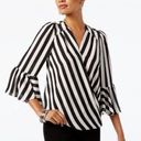 Premise  Studio Black White Striped Bell Sleeve Faux Wrap Blouse Photo 0