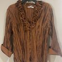 Harvé Benard Harve Benard Brown/Gold Crinkle Blouse with Ruffled Neck & 3/4 Sleeves Size XL Photo 0