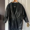 Vintage Leather Trench Jacket Puff Sleeve Button Front Black Oversized Large Photo 3