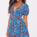 Pretty Little Thing Blue Leopard Print Wrap Drape Shift Dress. Size 2. NWT Photo 0