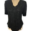 Laurence Kazar Vintage  New York Black Beaded V Neck Short Sleeve silk xl Top Photo 0