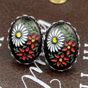 Daisy Vintage 1970s Black White  Red Floral Cabochon Stainless Steel Earrings Photo 10