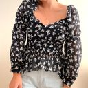 Lane 201 Navy Blue Flattering Floral Long Sleeve Puffy Sleeve Peplum Blouse Top Photo 6