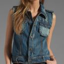 Free People Moody Blue Combo Distressed Denim Crochet Knit Macrame Cargo Vest Photo 2