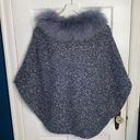 J. McLaughlin  Blue & White Boucle Wool Button Cape with Dyed Raccoon Fur Collar Photo 6