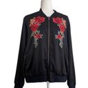 cupio  Floral Embroidered Bomber Jacket Satin Black Womens Size L Full Zip Retro Photo 0