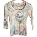 One World  Y2K cream scoop neck crystal embellished bird fairy boho top size S Photo 0